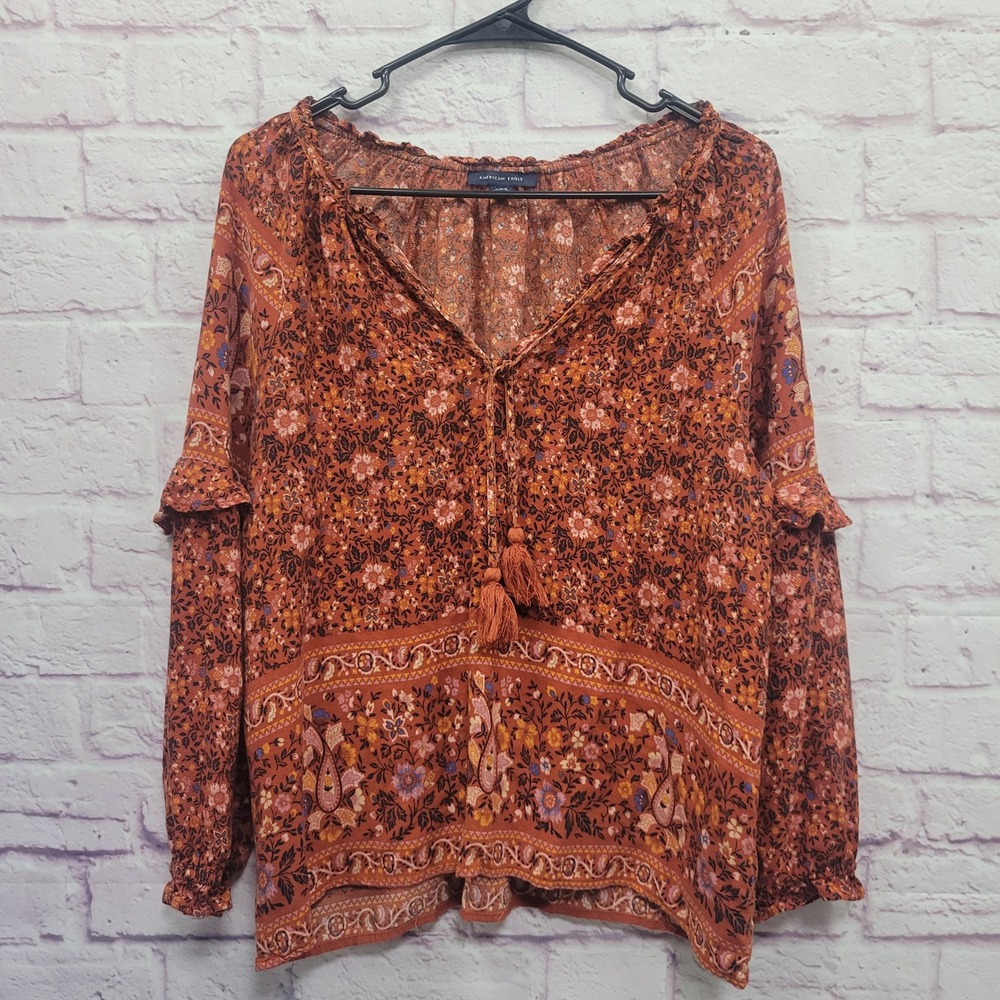 American Eagle Boho Floral Blouse Womens L Rust Orange Tassel Cottagecore Hippie